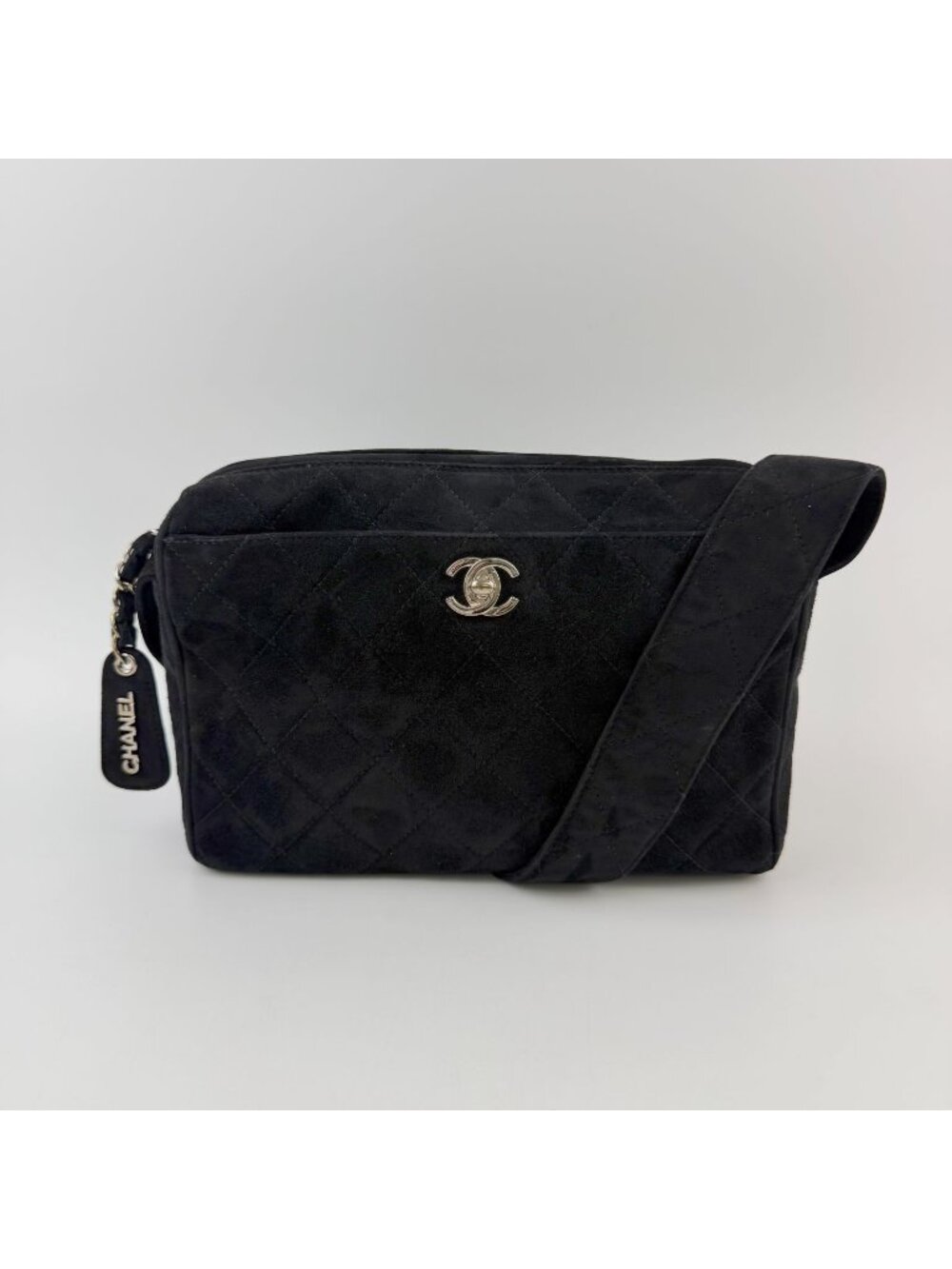 Chanel Quilted CC Logo Charm Shoulder Bag Suede Black Seal Vintage